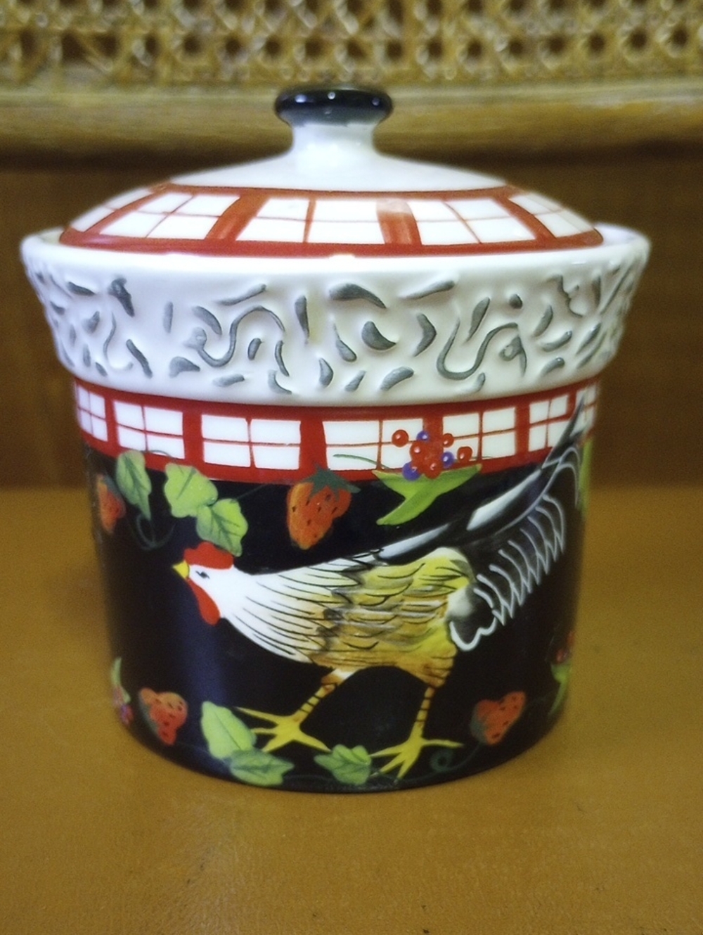 Vintage Ceramic Sugar Bowl w/ Rooster & Strawberry Design. Red White Black Brown
